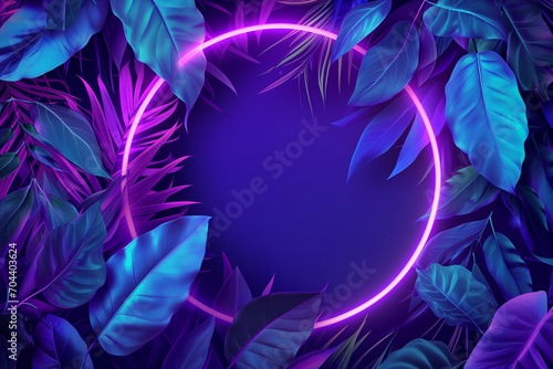 3d render. Neon hoop or circle in the tropical flowers and leafs.. Floral foliage nature in vibrant neon colors. photo