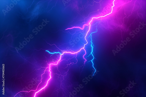 Lightning bolt in the night sky. Neon blue and pink abstract background with copy space.