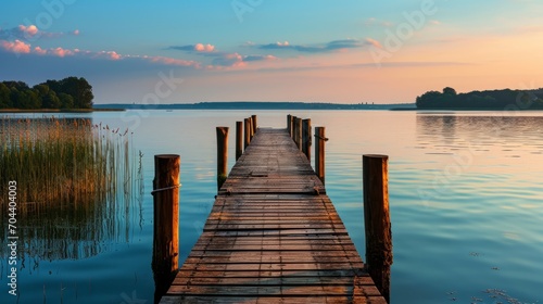 Wooden jetty on a lake at sunset with mountains in the background