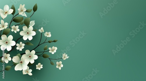 Spring or summer floral border with flowers and fresh plant leaves on dark green background