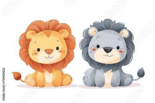 Very childish cute kawaii lion clipart vector, organic forms with desaturated light and airy pastel color palette. Great as nursery art with white background.