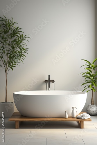 Freestanding bathtub in a modern bathroom with plants