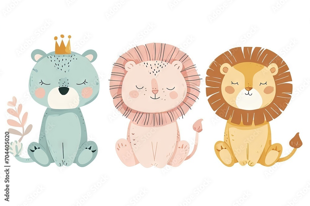 Obraz premium Very childish cute kawaii lion clipart vector, organic forms with desaturated light and airy pastel color palette. Great as nursery art with white background.