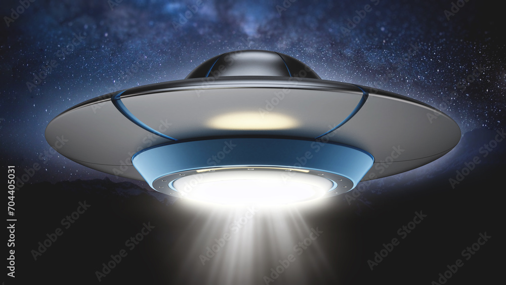 UFO with light beam on the night sky. 3D illustration