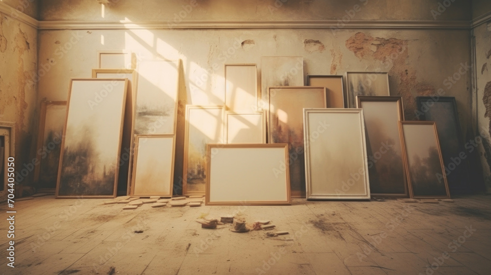 A collection of empty picture frames leaning against a rustic wall in a