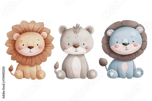 Very childish vintage cartoon cute and charming kawaii lion clipart vector, organic forms with desaturated light and airy pastel color palette. Great as nursery art with white background. photo