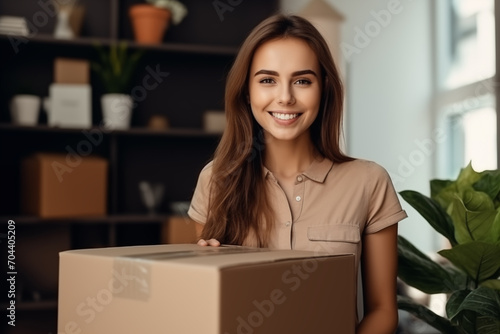 Happy smiling girl carrying cardboard box with belongings, Young woman moving to dorm, new apartment. Generative AI