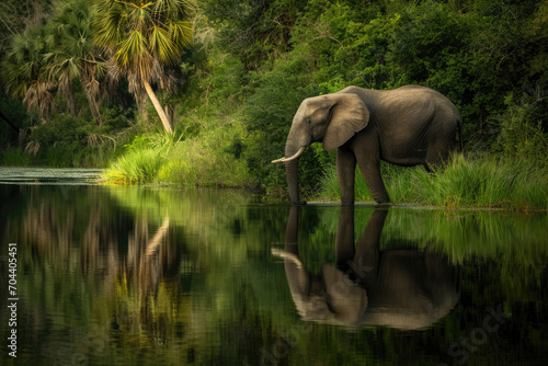 A tranquil scene capturing an elephant peacefully reflecting by the oasis