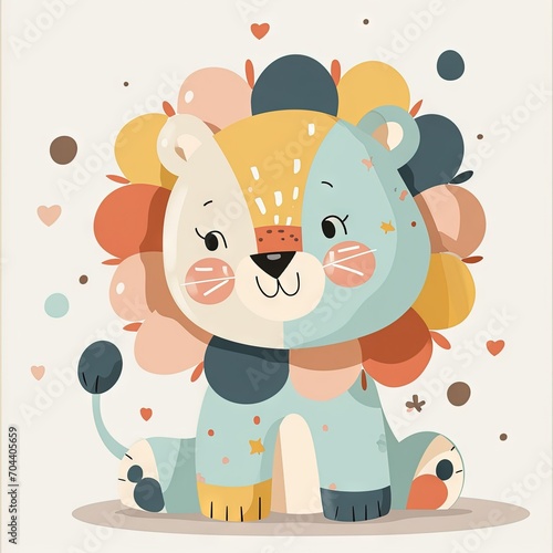 Very childish vintage cartoon cute and charming kawaii lion clipart vector, organic forms with desaturated light and airy pastel color palette. Great as nursery art with white background. photo