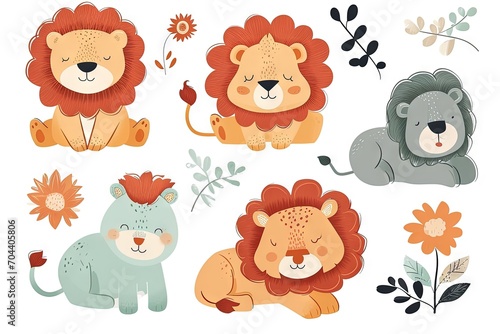 Very childish vintage cartoon cute and charming kawaii lion clipart vector  organic forms with desaturated light and airy pastel color palette. Great as nursery art with white background.
