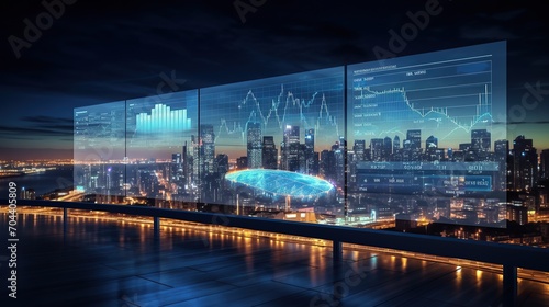person standing in front of virtual screen, Data Analysis. Person with digital screen showing coding data. Programming concept. Trading Control Panel on Virtual Screen