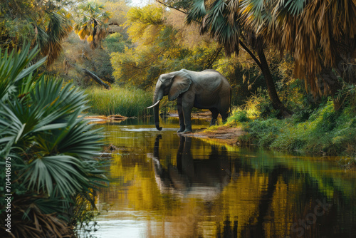 A tranquil scene capturing an elephant peacefully reflecting by the oasis © Veniamin Kraskov