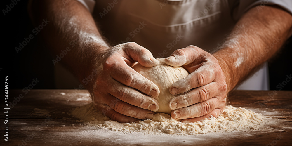close-up of hands kneading bread dough on the floured table