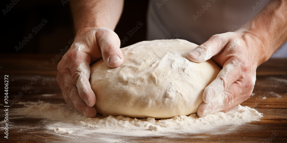 close-up of hands kneading bread dough on the floured table close-up of hands kneading bread dough on the floured table