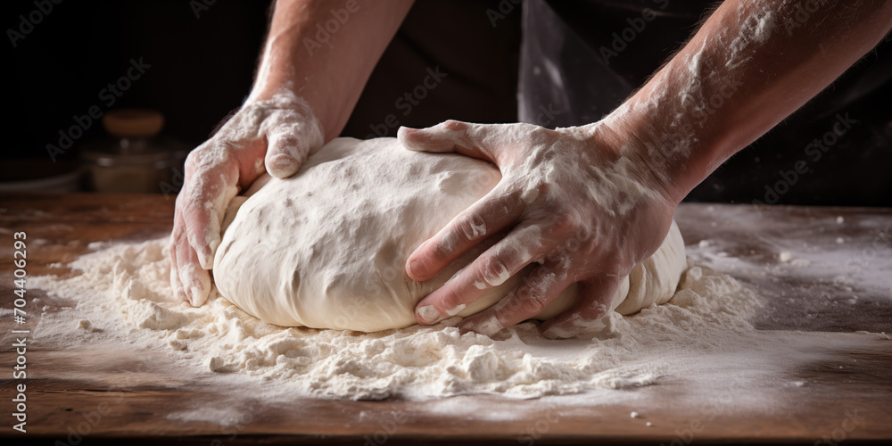 close-up of hands kneading bread dough on the floured table