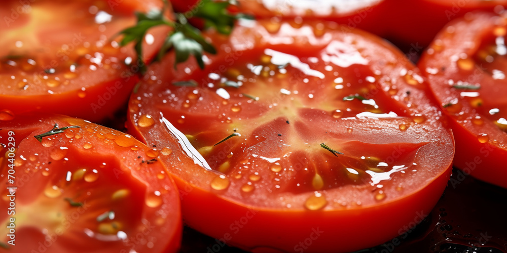 Close up about fresh tomato slices as an italian salad or pizza topping with a hint of seasoning and oil Close up about fresh tomato slices as an italian salad or pizza topping with a hint of seasoning and oil