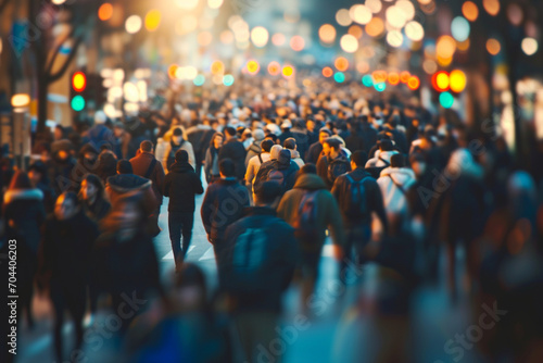 A blurred crowd on the street captures the bustling energy of a busy thoroughfare without discernible details. This image portrays a lively urban scene, hinting at the movement and activity of people 