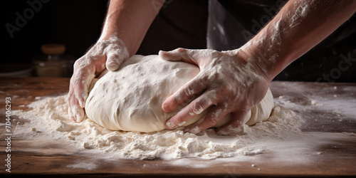 close-up of hands kneading bread dough on the floured table © Erzsbet