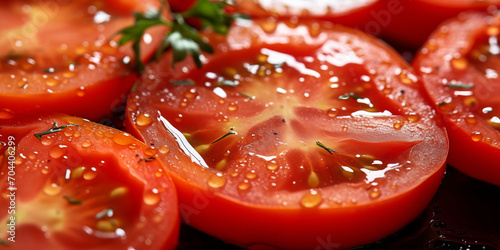 Close up about fresh tomato slices as an italian salad or pizza topping with a hint of seasoning and oil © Erzsbet