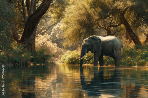 A tranquil scene capturing an elephant peacefully reflecting by the oasis