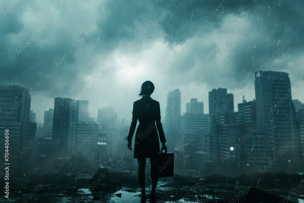 A lonely businesswoman stands in front of a stormy cityscape with a briefcase in her hand. He is on top of a building, with his back turned, watching the city. The challenges, loneliness, competition A lonely businesswoman stands in front of a stormy cityscape with a briefcase in her hand. He is on top of a building, with his back turned, watching the city. The challenges, loneliness, competition