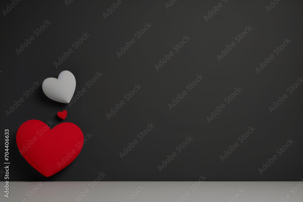 White heart and red heart on black background for Valentine's Day greeting card