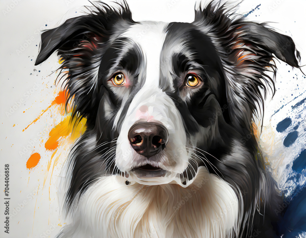 Fototapeta premium Close up of border collie head in acrylic paint drawing style 