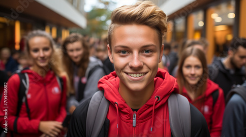 Happy non-binary gender student in high school together with his classmates. Group of school students in the hallway outside the school. Teenagers with backpack and school uniforms. Education concept. photo