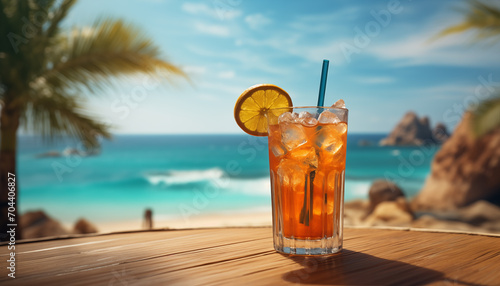 tropical cocktail on a wooden tabletop against the background of the sea. seaside vacation concept.