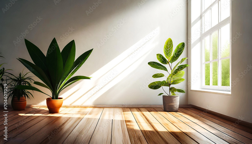 Fresh Perspectives: A Light, Empty Space with Wooden Floors and Greenery in Modern Interior Mockup Fresh Perspectives: A Light, Empty Space with Wooden Floors and Greenery in Modern Interior Mockup