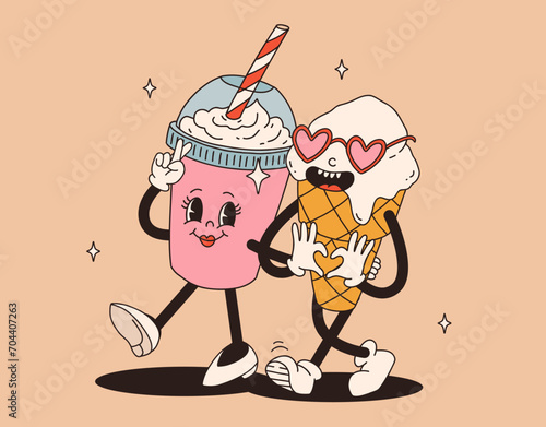 Valentine's Day set of funny vintage characters. Happy and cheerful retro. Old animation 60s 70s, groovy cartoon characters of coffee and sweets, donut, cupcake, espresso, latte, cocoa, cake. present.