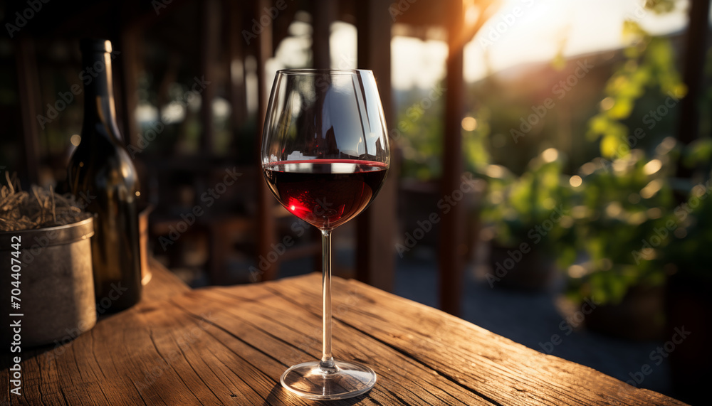 glass of red wine on a wooden tabletop close-up with blurred background.