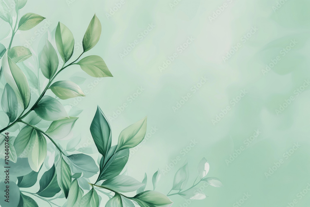 Light green background with delicate light leaves designs, hand drawn, soft tones, space for text Light green background with delicate light leaves designs, hand drawn, soft tones, space for text