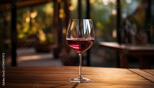 glass of red wine on a wooden table with space for design.