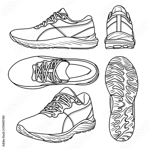 Vector Illustration Men's Running Shoe hand drawn line art sketch, doodle vector sketch illustration,various view, suitable for your sport running shoes, isolated on white background