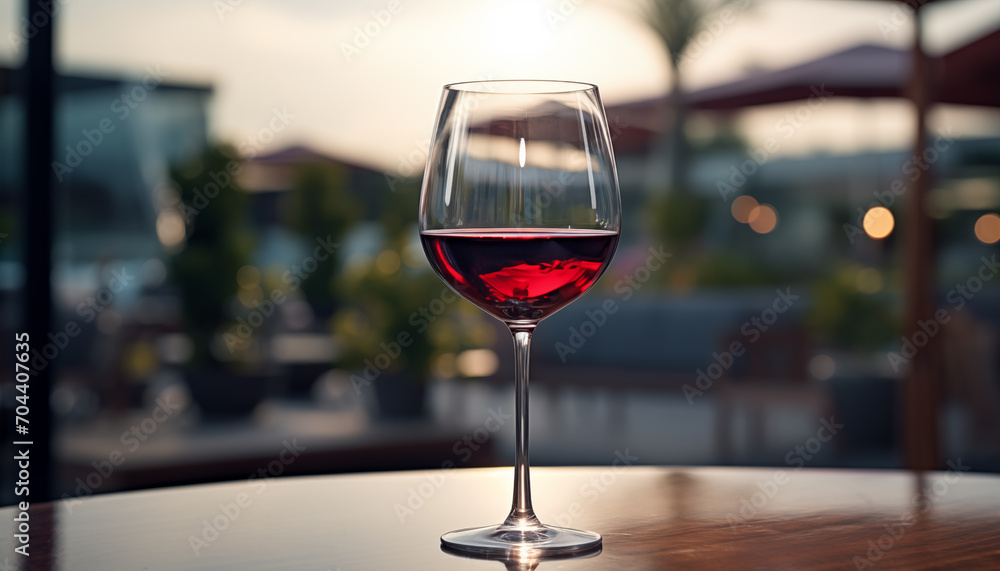 glass of red wine on a wooden tabletop close-up with blurred background. glass of red wine on a wooden tabletop close-up with blurred background.