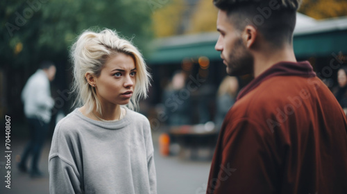 A blonde woman in a grey sweater appears upset while having an argument with a man on a busy street.