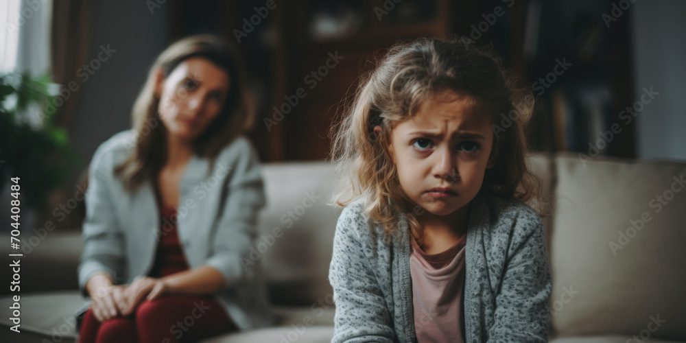 A visibly upset young girl with a troubled expression, with her mother sitting thoughtfully in the background. A visibly upset young girl with a troubled expression, with her mother sitting thoughtfully in the background.