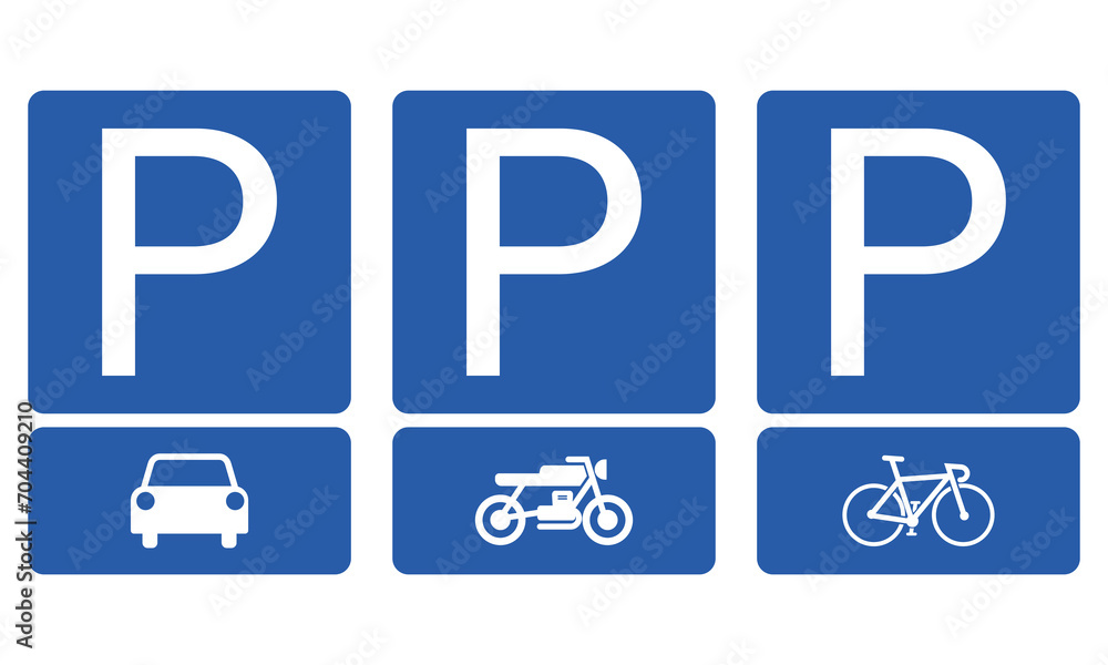 Printable bundle set rectangle blue simple parking sign for car, motorcycle, bike and bicycle Printable bundle set rectangle blue simple parking sign for car, motorcycle, bike and bicycle