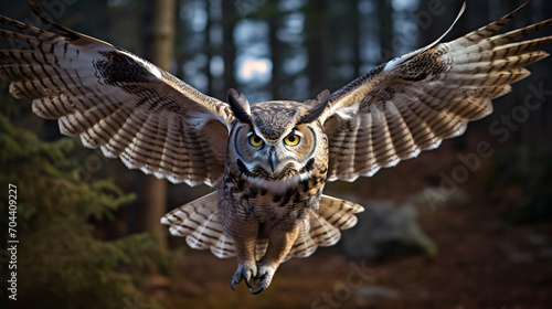 A great horned owl in flight. The owl is flying