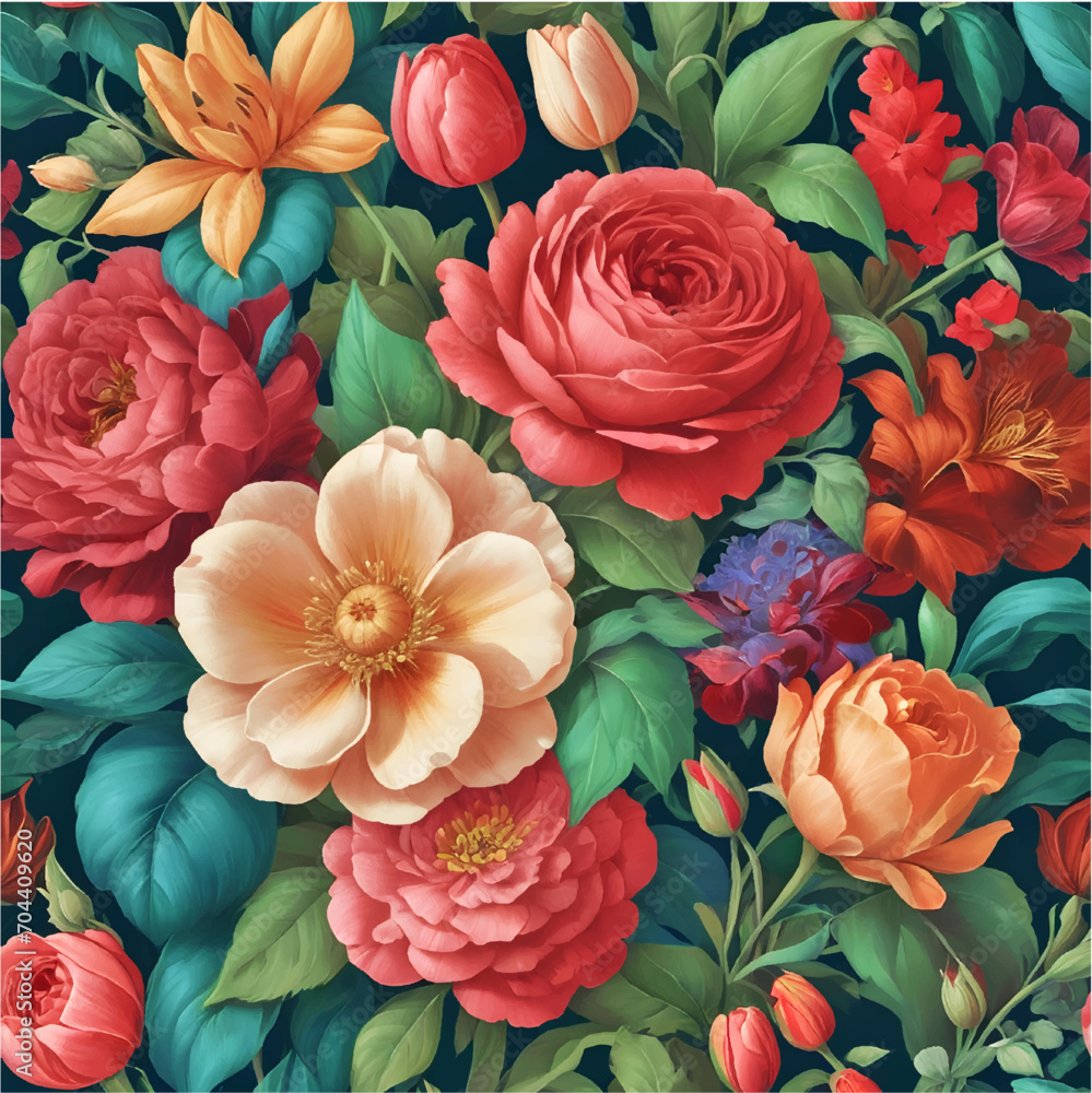 Seamless dark backdrop accentuates the allure of vibrant floral patterns with petals Seamless dark backdrop accentuates the allure of vibrant floral patterns with petals