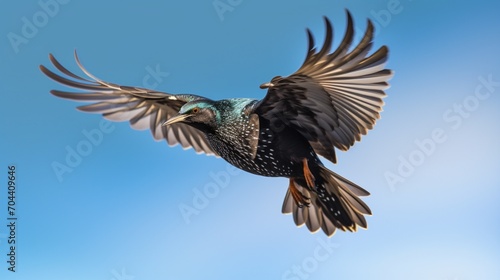 A Common Starling in flight, captured in a moment of suspended grace, its wings outstretched against a backdrop of clear blue sky.
