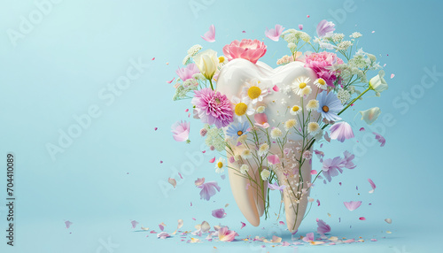 The tooth levitates in the air decorated with beautiful flowers.