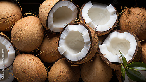 Fresh open coconut for sale on street market, dark baackground photo
