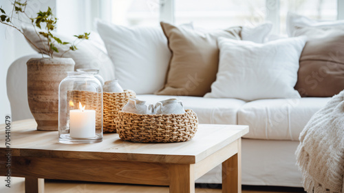 A wooden coffee table with two woven baskets