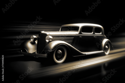 Black retro car in dynamics, blurred background, motion effect