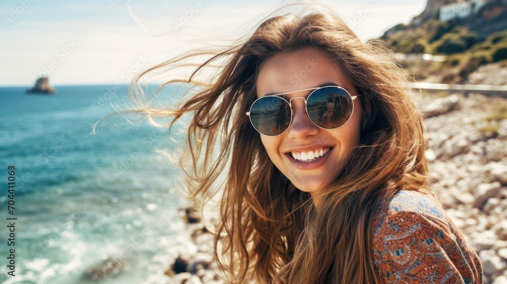 Smiling woman on vacation, beach, sea, ocean, summer Smiling woman on vacation, beach, sea, ocean, summer