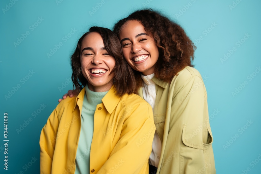 a clean studio lifestyle advertisement portrait of two young teenage friends or sisters with brown hair in yellow jackets smiling into the camera on yellow seamless background a clean studio lifestyle advertisement portrait of two young teenage friends or sisters with brown hair in yellow jackets smiling into the camera on yellow seamless background