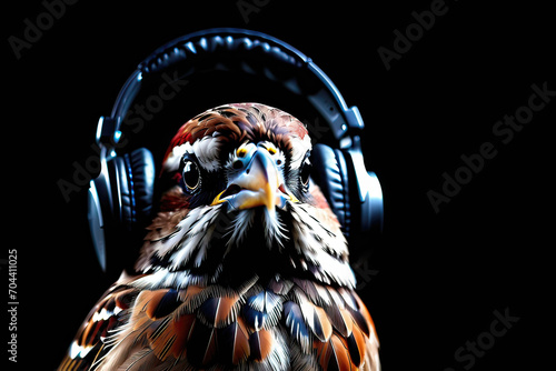 Sparrow wearing headphones isolated on black background. Listen to music. Cover for design of music releases, albums and advertising. Music lover background. DJ concept. photo