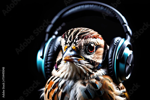 Sparrow wearing headphones isolated on black background. Listen to music. Cover for design of music releases, albums and advertising. Music lover background. DJ concept. photo